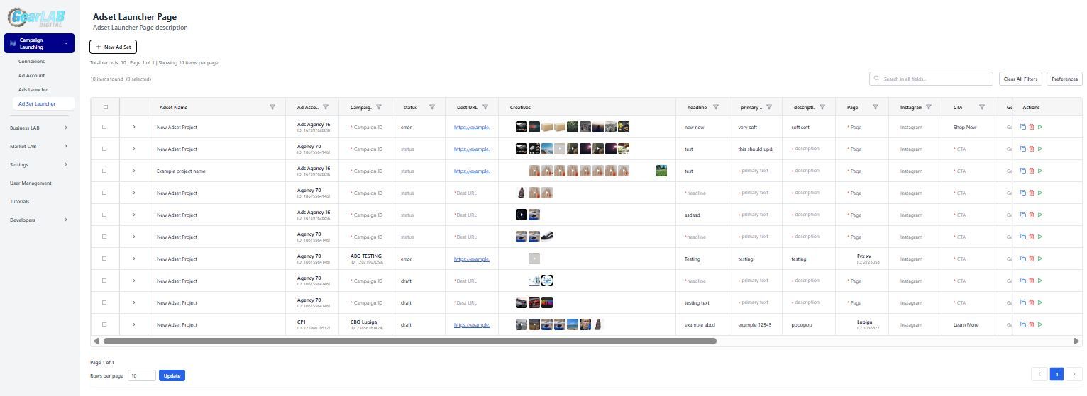 Ad Set Launcher Page