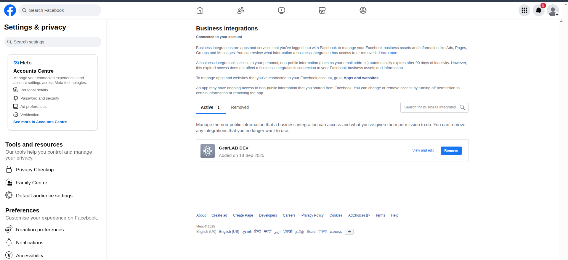App list in business  integration in fb
