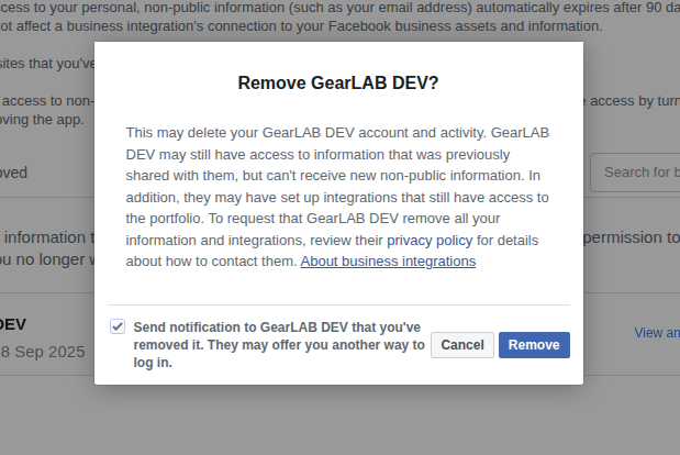 App remove from business integration 