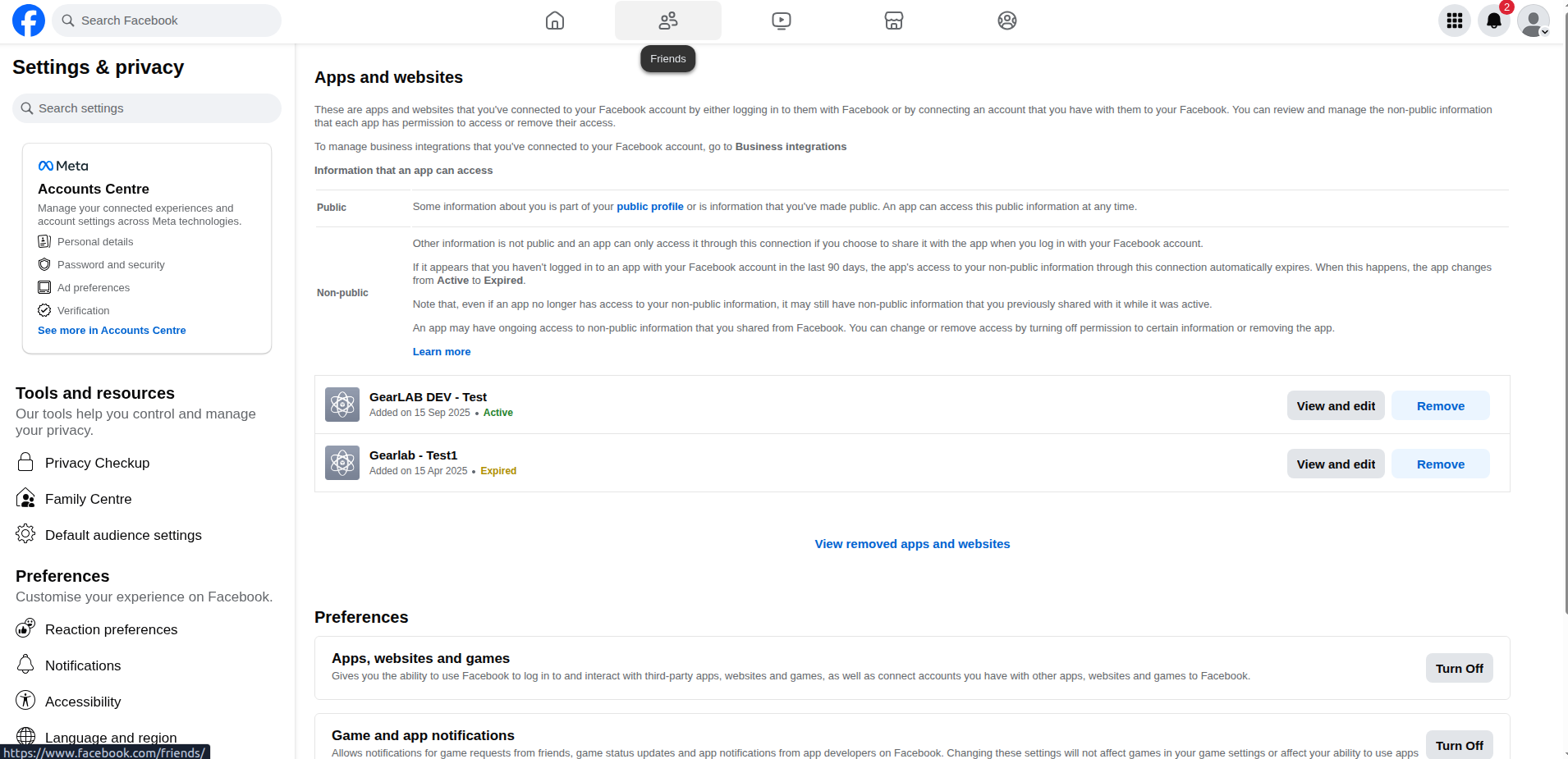 Facebook App setting