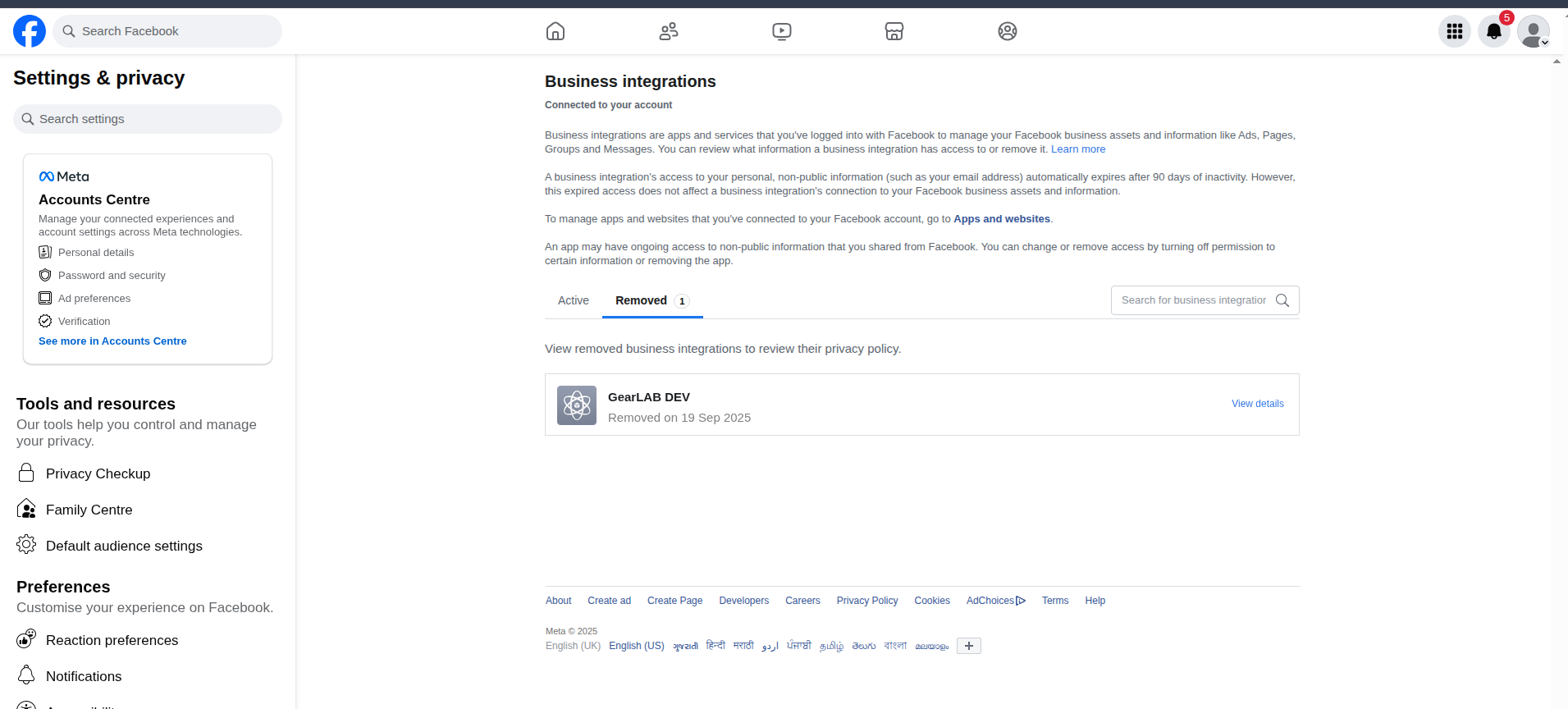 remove app tab in business integration